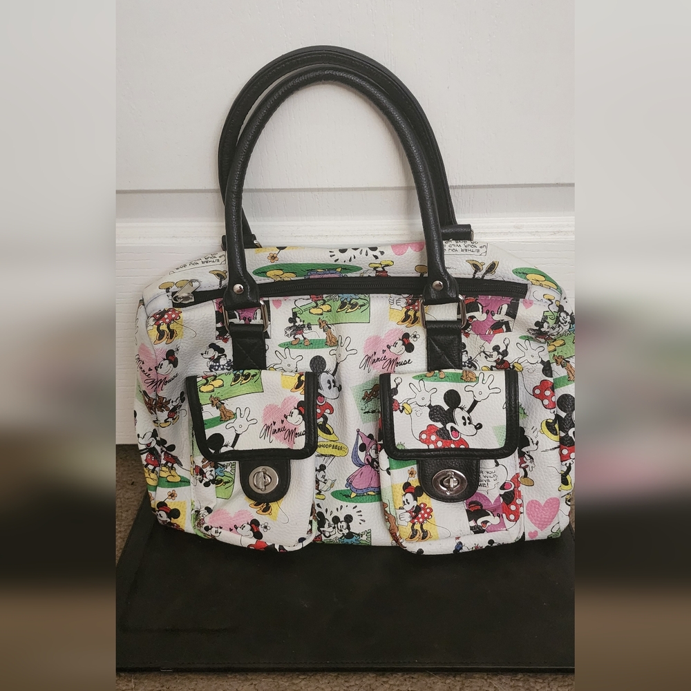 Disney White and Black Satchel Bag with Playful Floral Design